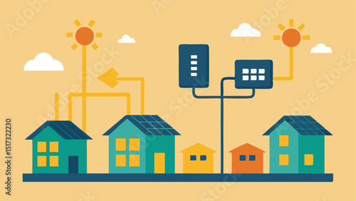 Community Solar Sharing A vector of several smart buildings in a neighborhood sharing electricity generated from a communal solar panel setup with arrows indicating power flow a