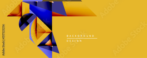 Abstract geometric shapes overlap, creating dynamic composition. Yellow background contrasts with blue, orange elements. Modern design suggests movement, depth. Minimalist aesthetic.