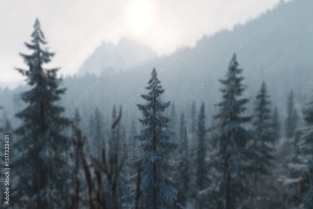 Fototapeta premium Ethereal snowy forest with hazy backdrop