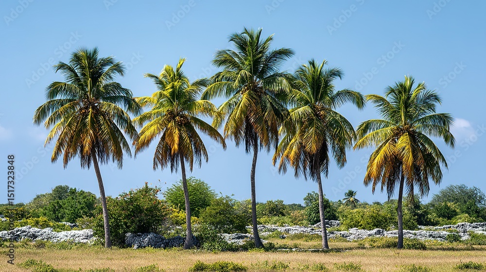Obraz premium Five palm trees against a clear blue sky.