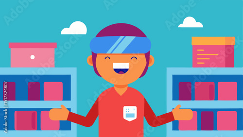 A cheerful character wearing a VR headset stands in front of a digital aisle lined with floating shelves filled with animated products and flashing discount tags.