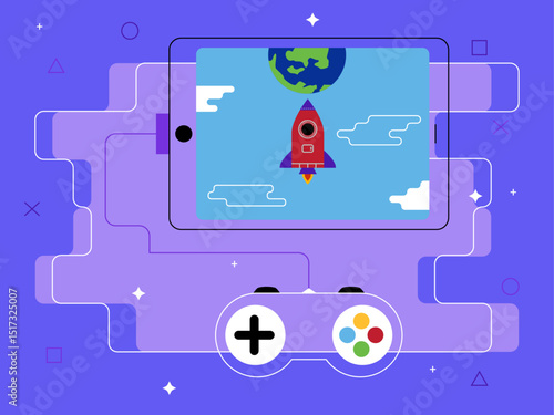 Gameplay technology on PC computer or console. Gaming Video game on screen. Equipment of gamers. Flat vector illustration.