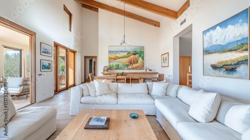 A harmonious and balanced home with image in link paintings framed in natural wood, 