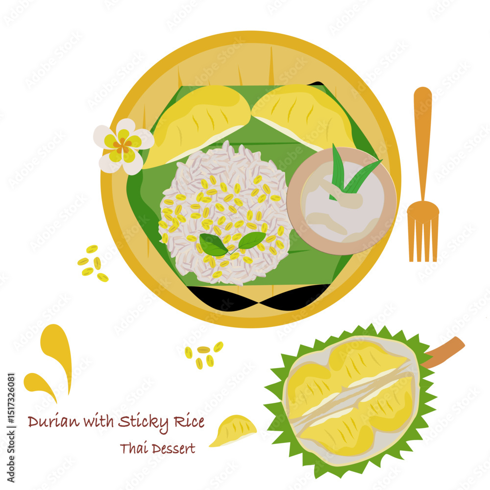 Fototapeta premium Vector illustration of sticky rice with durian (Thai dessert) on white background.