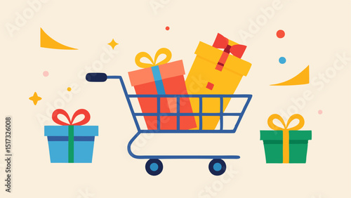 Carts during a Gift Shower Shopping carts basking in a shower of colorful gifts raining down from above eagerly racing towards a festive SALE banner adorned with ribbons and bows.