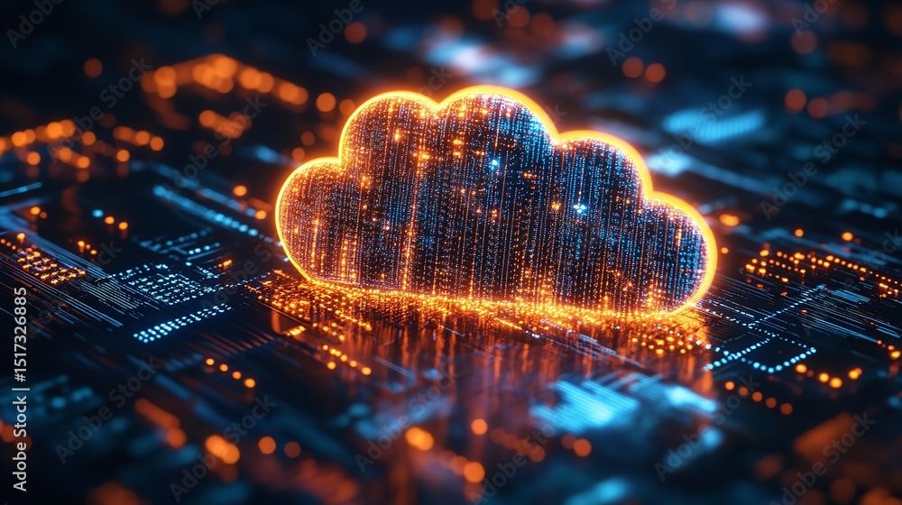 Obraz premium A glowing digital cloud ascends promising seamless data flow and connectivity on a circuit board