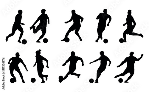 silhouette soccer player clipart. vector of silhouette set of soccer player kicking the ball