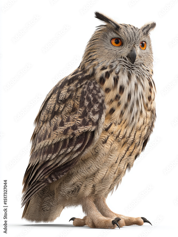 Naklejka premium Full body image of owl isolated on white. Ideal for commercial pet campaigns, branding, or editorial content