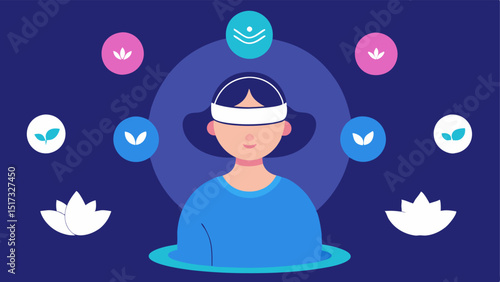 Guided Meditation A person with closed eyes in a VR headset surrounded by floating soothing icons like lotus flowers and calm waves indicating a guided meditation session through