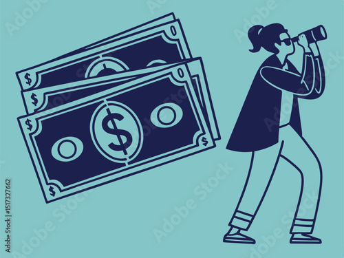 Businesswoman looking through a telescope searching for financial investment opportunities