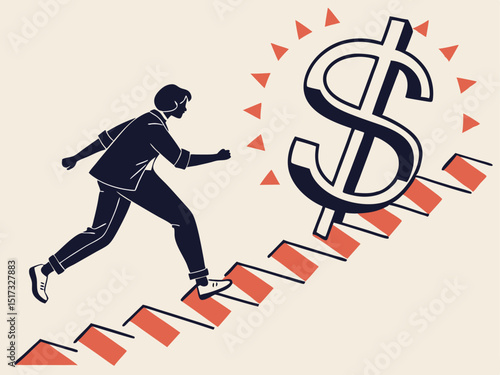 Businesswoman running up stairs towards a dollar sign achieving financial success goals