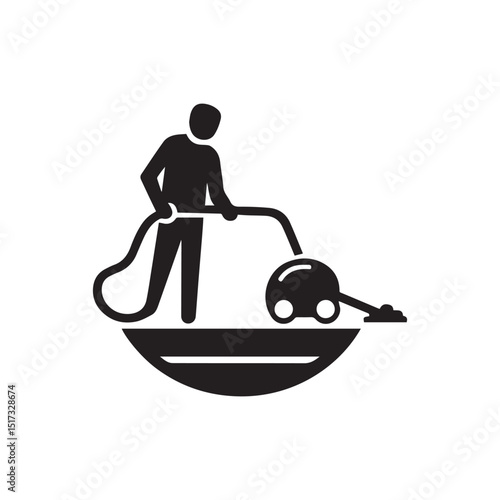 Silhouette of man cleaning with vacuum cleaner equipment vector on a white background.	