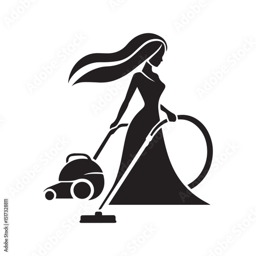 Silhouette of woman cleaning with vacuum cleaner equipment logo on a white background.
