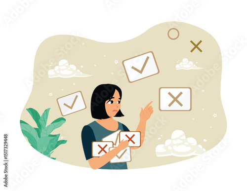 Businesswoman evaluates options for decision making.