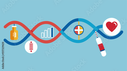 Genetic Code with Health Icons A flowing strand of genetic code integrated with icons representing diabetes syringe heart disease heart monitor and other chronic illnesses.