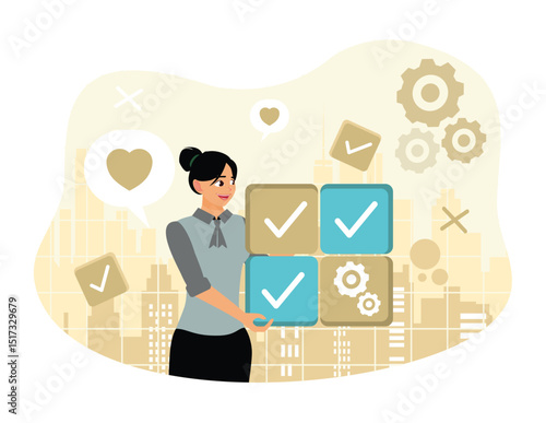 The female entrepreneur evaluates the work results and gives a check mark.