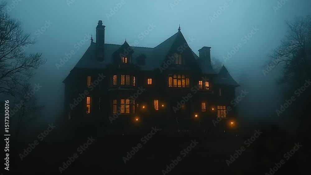 Mysterious mansion illuminated in foggy night scene Mysterious mansion illuminated in foggy night scene