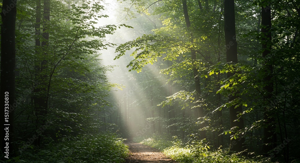 Obraz premium 神秘的緑の森道 朝の光差し込む 幻想的風景
