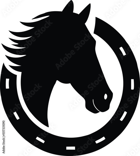  Horse head in horseshoe silhouette, horse or stallion inside horseshoe silhouette vector design 