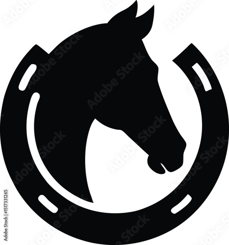  Horse head in horseshoe silhouette, horse or stallion inside horseshoe silhouette vector design 