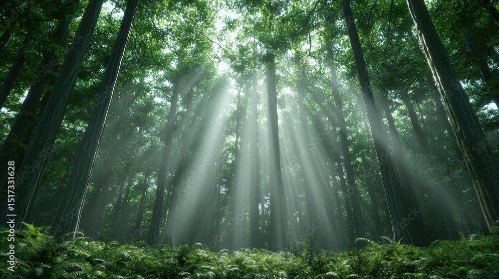 Fototapeta premium Sunbeams in Mystical Forest, Lush Greenery