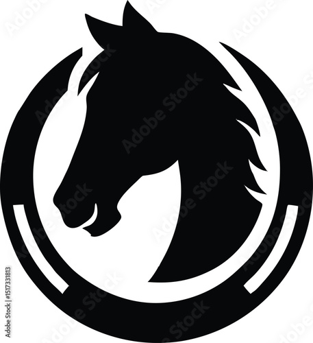  Horse head in horseshoe silhouette, horse or stallion inside horseshoe silhouette vector design 