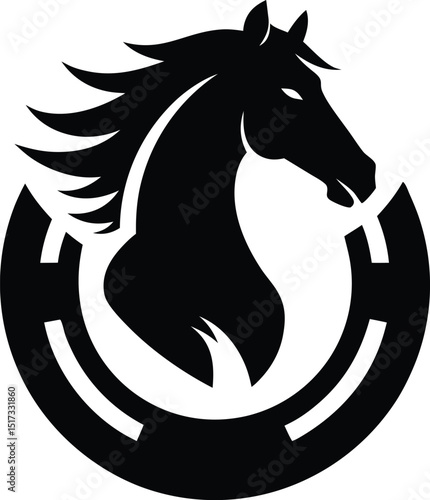  Horse head in horseshoe silhouette, horse or stallion inside horseshoe silhouette vector design 