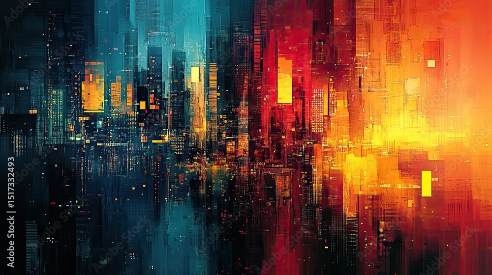 Naklejka premium A vibrant cityscape divided by fiery passion and cool serenity reflecting urban life with pixelated abstraction and