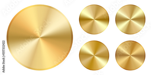 Gold radial color shield. Medal coin circle badge, metal bronze button disc. 3d award seal effect. Vector round dark circular gradient. Brushed golden winner stamp. Warranty diploma stainless plate