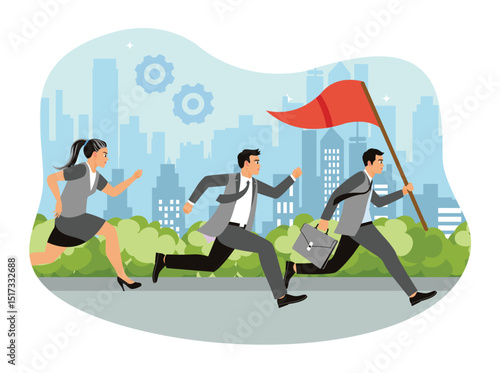 Business teams and managers compete and work together to achieve success.