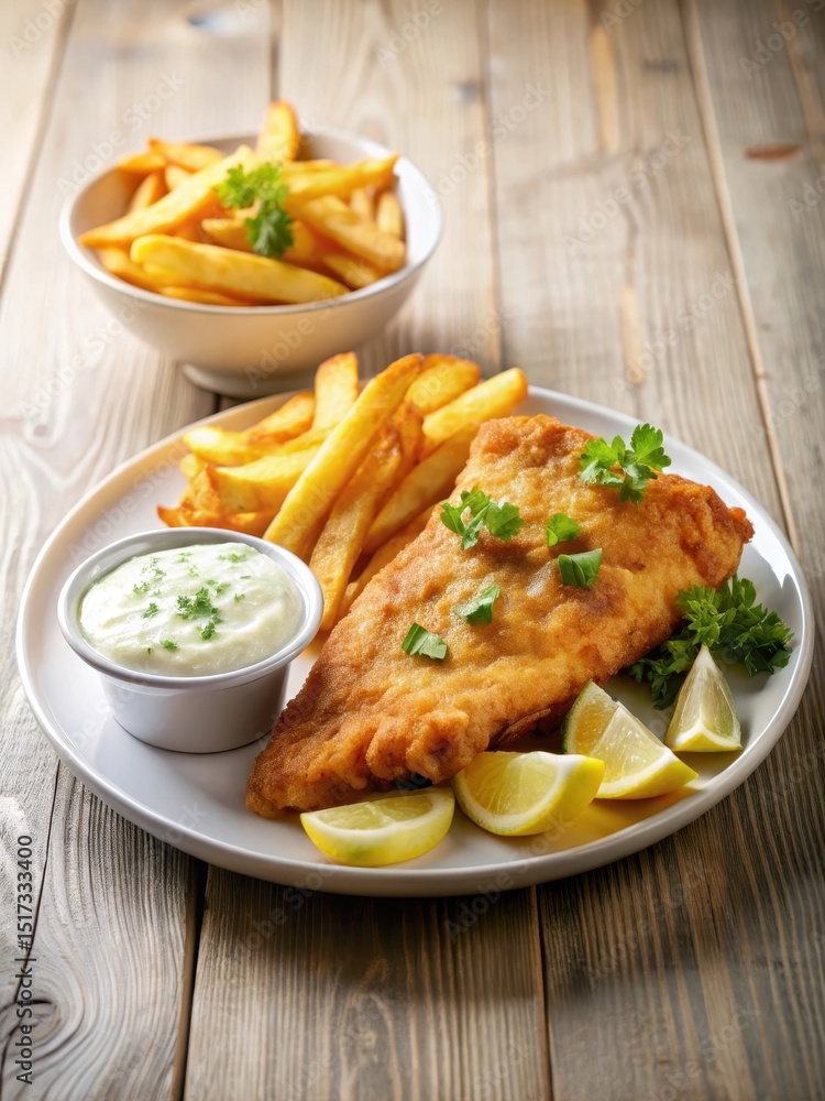 Golden brown fish and crispy chips on a white plate with a side of creamy tartar sauce Golden brown fish and crispy chips on a white plate with a side of creamy tartar sauce