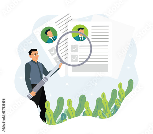 Human resources analyzes job seekers resumes with a magnifying glass.