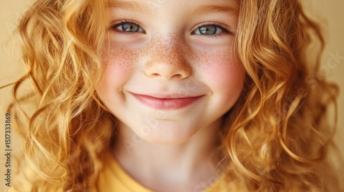 Close-up portrait of a joyful young girl with curly hair.