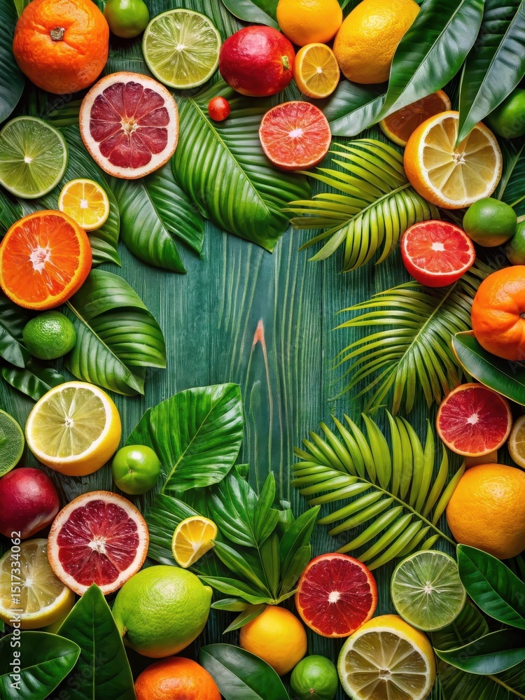 Exotic tropical background with vibrant green foliage and colorful citrus fruits arranged artfully Exotic tropical background with vibrant green foliage and colorful citrus fruits arranged artfully