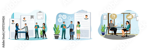 Employment process, list of job applicants, job applicants have interviews with managers.