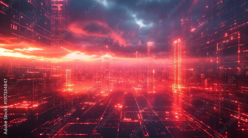 Fototapeta premium A futuristic city glows with neon red under a stormy sunset creating an eerie digital metropolis