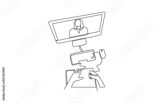 Student following online lesson taking notes on notebook with teacher on computer screen in continuous line drawing