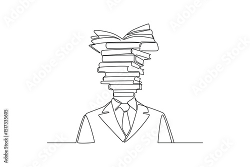 Businessman holding stack of books instead of head in one continuous line drawing