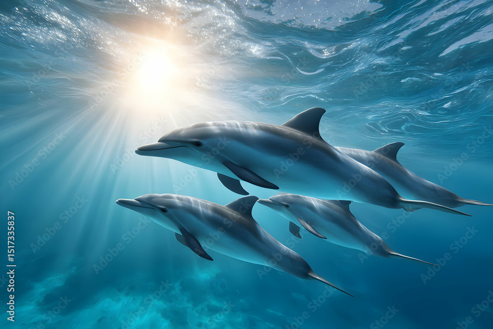 Fototapeta premium A pod of dolphins gracefully swimming in crystal-clear ocean water under radiant sunlight.
