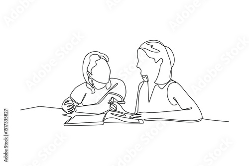 Continuous line drawing of two students studying together at school or college