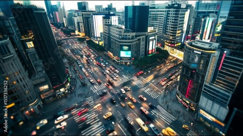 Time lapse, Top view. A large number of cars are running on the road during rush hour in the city. 