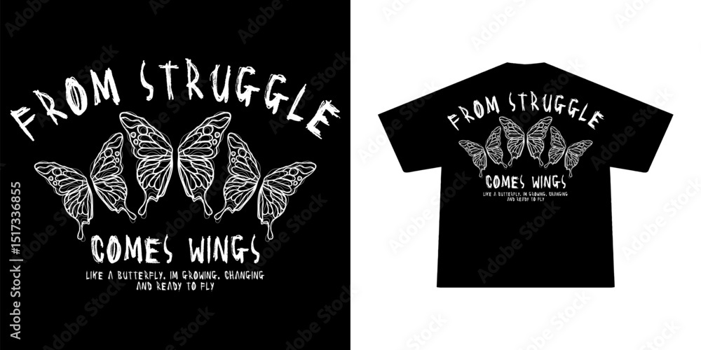 Obraz premium Futuristic illustration of butterfly t shirt design, vector graphic, typographic poster or tshirts street wear and Urban style 