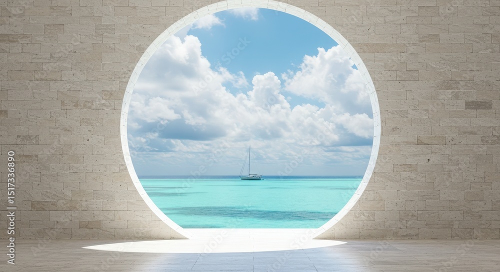 Fototapeta premium A round futuristic doorway opening to a beautiful tropical sea and bright blue sky in summer light 