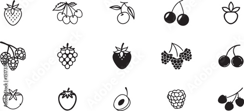 Healthy fruits Illustration Kit: Black and White Icons of Strawberries, Blueberries, and Raspberries for Graphic Design.