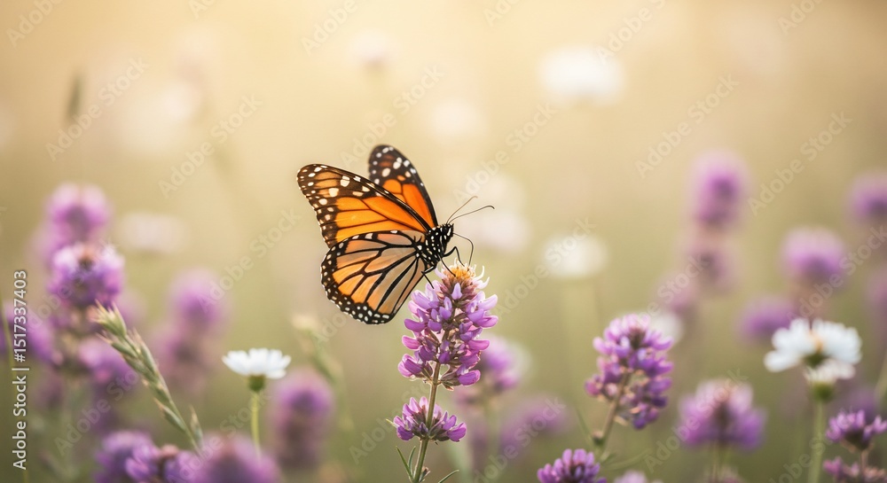 Naklejka premium 優雅に舞う蝶 紫の花畑 穏やかな光