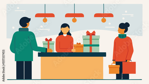 Checkout Line A shopper standing in line at a checkout counter ready to pay for gifts with holiday decorations hanging from the ceiling above.