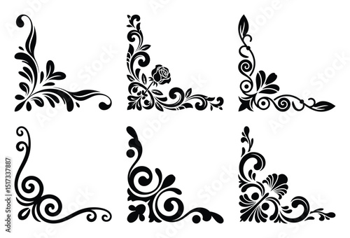 Six elegant black floral corner ornaments