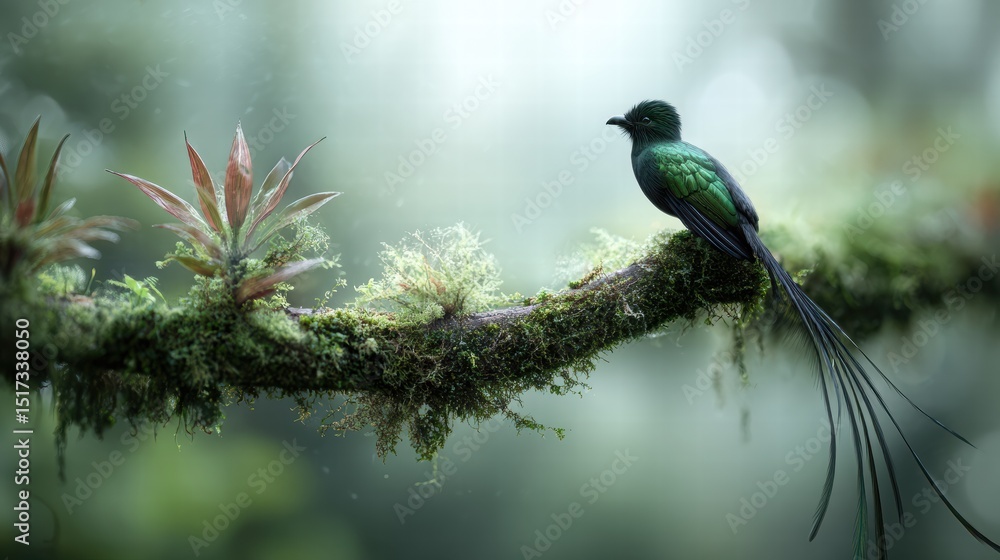 Vibrant Green Bird Perched on Mossy Branch in Misty Forest Setting Vibrant Green Bird Perched on Mossy Branch in Misty Forest Setting