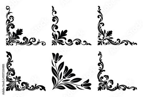 Six elegant black floral corner ornaments