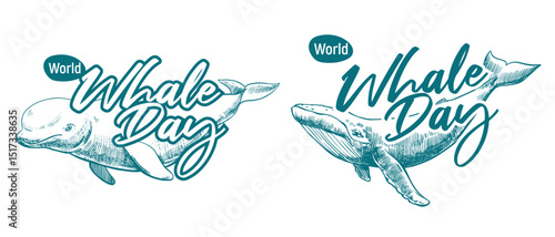 Emblems with an appeal to save marine mammals. Whale Day, February 19, 2025. Vector monochrome linear drawing of a beluga whale and a humpback whale. Concept of the problem of preserving the ocean.